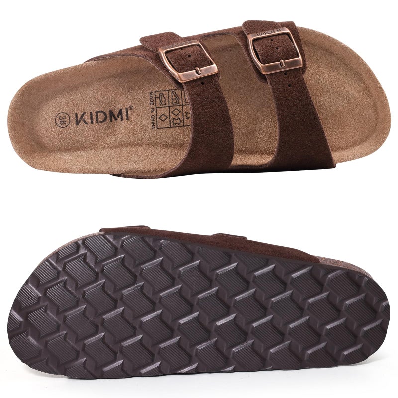 KIDMI Unisex Genuine Suede Summer Sandals Arch Support Cork Footbed Slide Sandals with Double Adjustable Buckle for Women Men, Brown 39 - Image 5