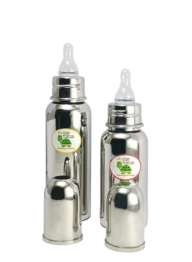 Chef Turtles® Stainless Steel Feeding Baby Bottle 240ml/300ml, BPA Free Anti Colic Slim Neck Steel Milk Feeding Bottle 304 Grade- (Combo- Small/Medium) - Image 1