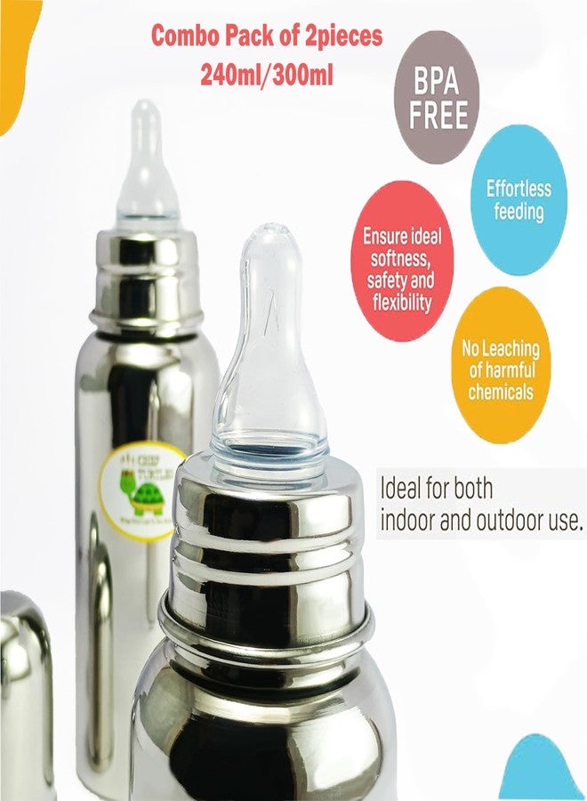 Chef Turtles® Stainless Steel Feeding Baby Bottle 240ml/300ml, BPA Free Anti Colic Slim Neck Steel Milk Feeding Bottle 304 Grade- (Combo- Small/Medium) - Image 2