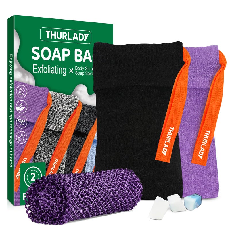 THURLADY 2 Pack Soap Saver Bags for Soap Bars, Exfoliating Bar Soap Scrubber Pouch for Shower, Exfoliating Body Scrubber, Come with 1 African Net Sponge for Full-Body Gentle Cleansing, Black & Purple - Image 1