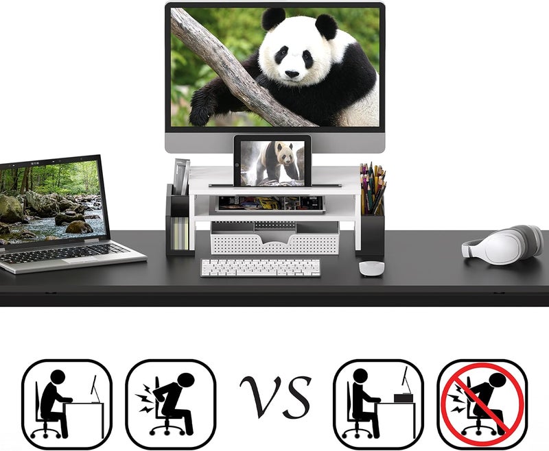 Simple Houseware Desk Monitor Stand Riser with Adjustable Organizer Tray, Dual Tone - Black / White - Image 2
