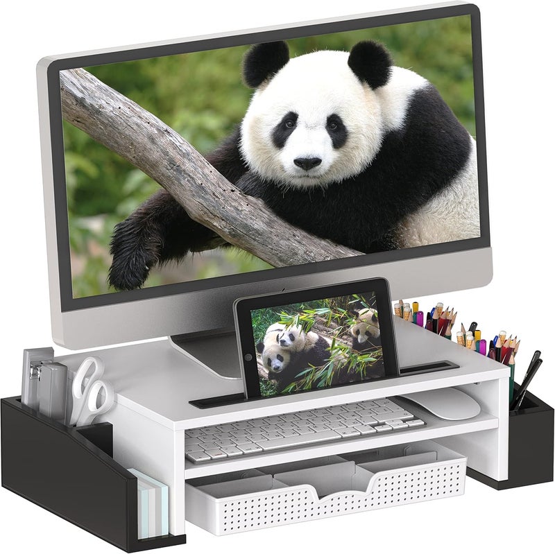 Simple Houseware Desk Monitor Stand Riser with Adjustable Organizer Tray, Dual Tone - Black / White - Image 1