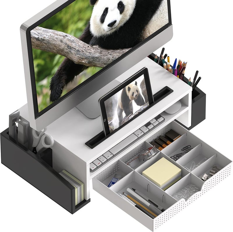 Simple Houseware Desk Monitor Stand Riser with Adjustable Organizer Tray, Dual Tone - Black / White - Image 3