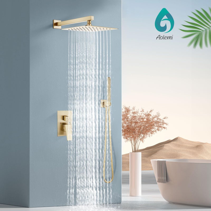 Aolemi Shower System with Rainfall Shower Head and Handheld Wall Mount,High Pressure Shower Faucet Set Fixture Combo with 2 in 1 Handheld Spray Rough-in Valve,12 Inch Shower Head Brushed Gold - Image 2