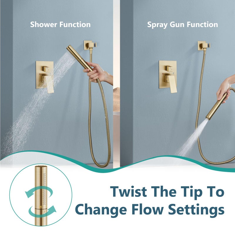 Aolemi Shower System with Rainfall Shower Head and Handheld Wall Mount,High Pressure Shower Faucet Set Fixture Combo with 2 in 1 Handheld Spray Rough-in Valve,12 Inch Shower Head Brushed Gold - Image 3