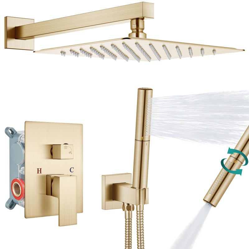 Aolemi Shower System with Rainfall Shower Head and Handheld Wall Mount,High Pressure Shower Faucet Set Fixture Combo with 2 in 1 Handheld Spray Rough-in Valve,12 Inch Shower Head Brushed Gold - Image 1
