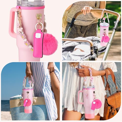 Mity rain Cup Accessories for Stanley Cup 30oz 40oz Tumbler with Handle, Including Water Bottle Handle Strap, Chapstick Holder, Boot, Keychain Charms, Straw Topper Cover Cap for Stanley (Pink) - Image 3