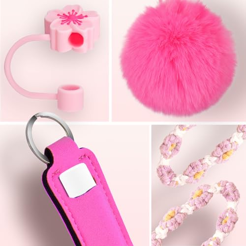 Mity rain Cup Accessories for Stanley Cup 30oz 40oz Tumbler with Handle, Including Water Bottle Handle Strap, Chapstick Holder, Boot, Keychain Charms, Straw Topper Cover Cap for Stanley (Pink) - Image 2