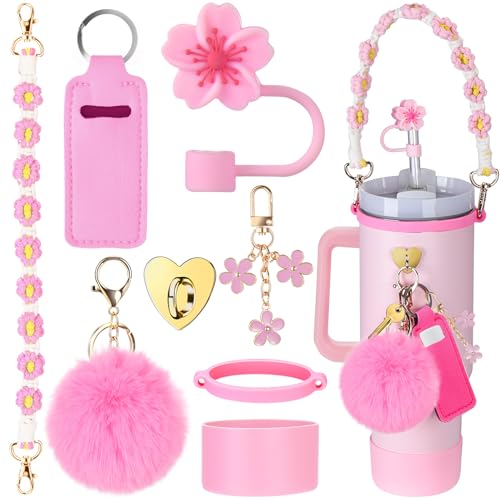 Mity rain Cup Accessories for Stanley Cup 30oz 40oz Tumbler with Handle, Including Water Bottle Handle Strap, Chapstick Holder, Boot, Keychain Charms, Straw Topper Cover Cap for Stanley (Pink) - Image 1
