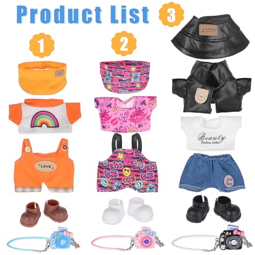 iBayda Total 3 Sets Doll Clothes Outfits Accessories Playset for 17cm Dolls Include3 Hats 3 Bags 3 Tops 2 Rompers 1 Coat 1 Pants 3 Shoes Doll and Glasses are Not Icluded - Image 5