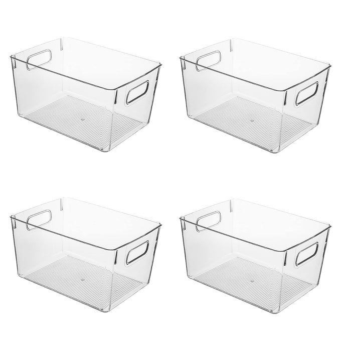 CLEAR PLASTIC STORAGE BINS FOR FRIDGE CUPBOARD PANTRY AND KITCHEN VERSATILE KITCHEN STORAGE ORGANISER FOR FOOD FRUIT VEGETABLE CLEANING PRODUCTS AND CLOTHING STORAGE 4PACK