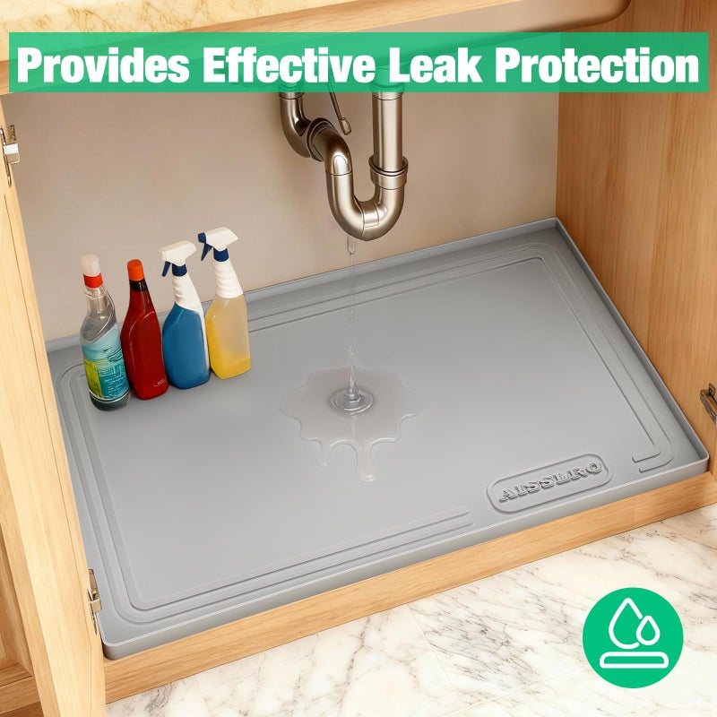 Aisslro Under Sink Mat 28" X 19", Waterproof Silicone Under Sink Mats for Kitchen, Anti-Leak Shelf Liner & Cabinet Protector with Raised Edge, [BPA Free] Bathroom Tray Home Organizer, Grey - Image 4