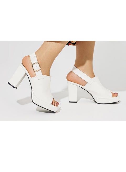 Sandal Heels Leather Buckle Closure H-10 - White