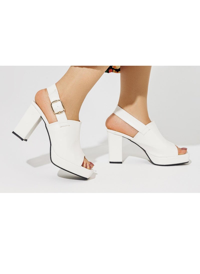 LIFESTYLISH - Sandal Heels Leather Buckle Closure H-10 - White - Image 1