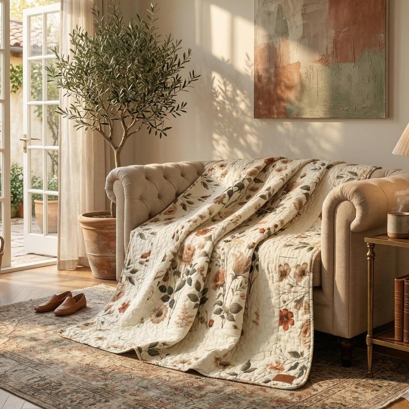 DaDa Bedding Enchanted Meadow Reversible Floral Cozy Lightweight Lap Throw - Perfect for Couch or Bed, Beige Victorian Garden Pallete, All-Season Comfort, Machine Washable, 50x60 Inches - Image 1