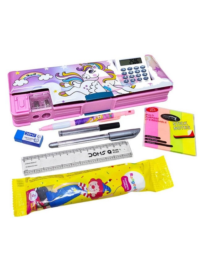 PARTEET Unicorn Printed Pencil Box Combo 1 Dual Side Magnetic Pencil Box with 1Lead Pencil, 1Scale, 1Glitter Pen, 1 Eraser, 1Stick Notes and Water Colours -Stationary Organizer for Kids. - Image 1