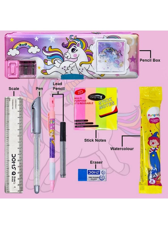 PARTEET Unicorn Printed Pencil Box Combo 1 Dual Side Magnetic Pencil Box with 1Lead Pencil, 1Scale, 1Glitter Pen, 1 Eraser, 1Stick Notes and Water Colours -Stationary Organizer for Kids. - Image 2