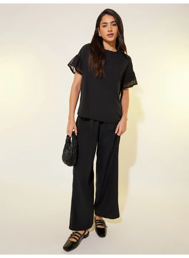 تايك تو Take Two Solid Mesh Sleeves Top and Pants Co-Ords