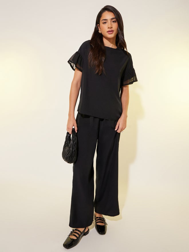 Take Two Solid Mesh Sleeves Top and Pants Co-Ords - Image 1