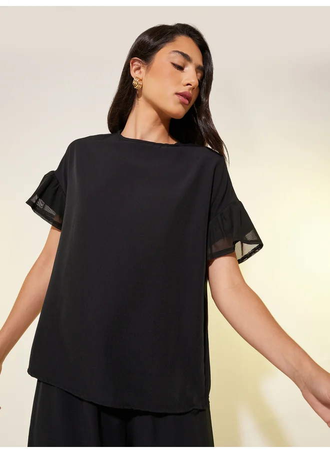 تايك تو Take Two Solid Mesh Sleeves Top and Pants Co-Ords