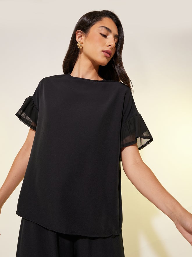 Take Two Solid Mesh Sleeves Top and Pants Co-Ords - Image 2