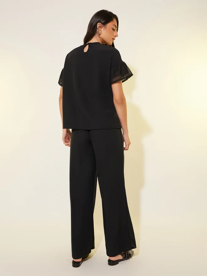 Take Two Take Two Solid Mesh Sleeves Top and Pants Co-Ords