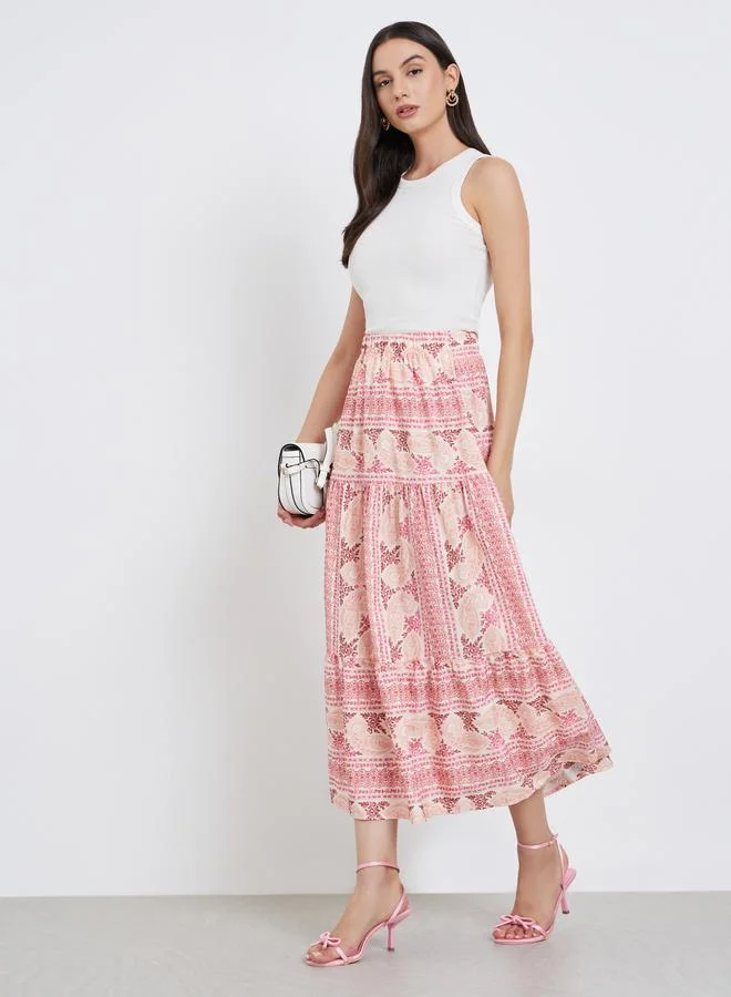 Take Two Take Two Floral Print Elastic Waist A-Line Midi Skirt