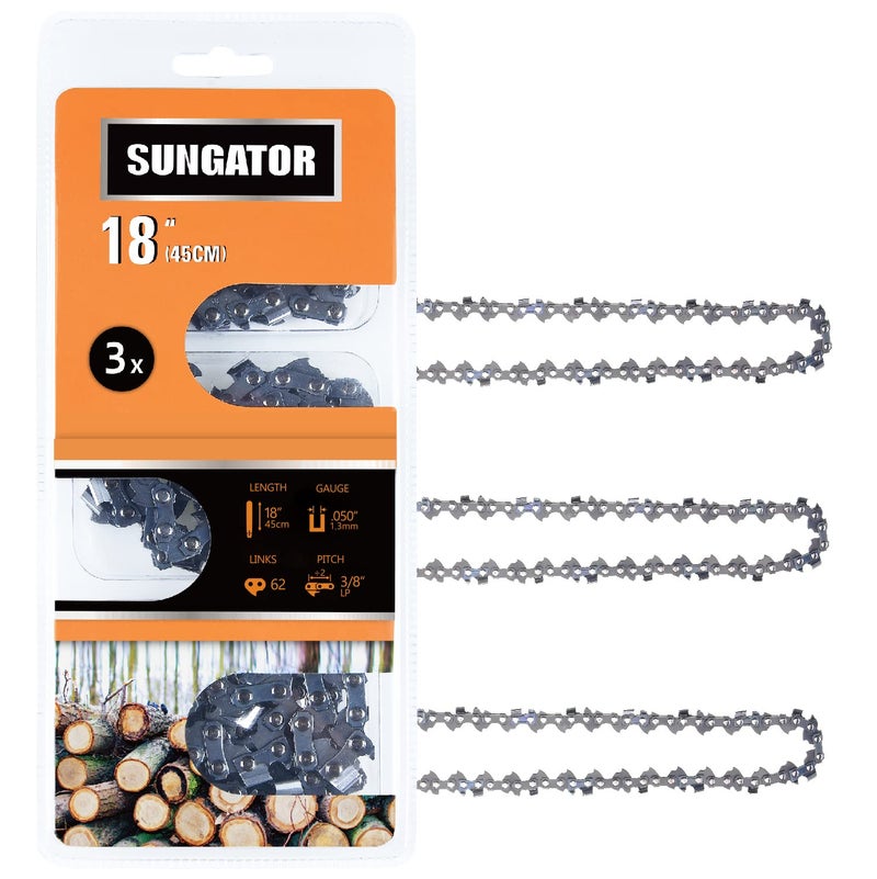 SUNGATOR 3-Pack 18 Inch Chainsaw Chain SG-S62, 3/8" LP Pitch - .050" Gauge - 62 Drive Links, Compatible with Craftsman, Ryobi, Homelite, Poulan
