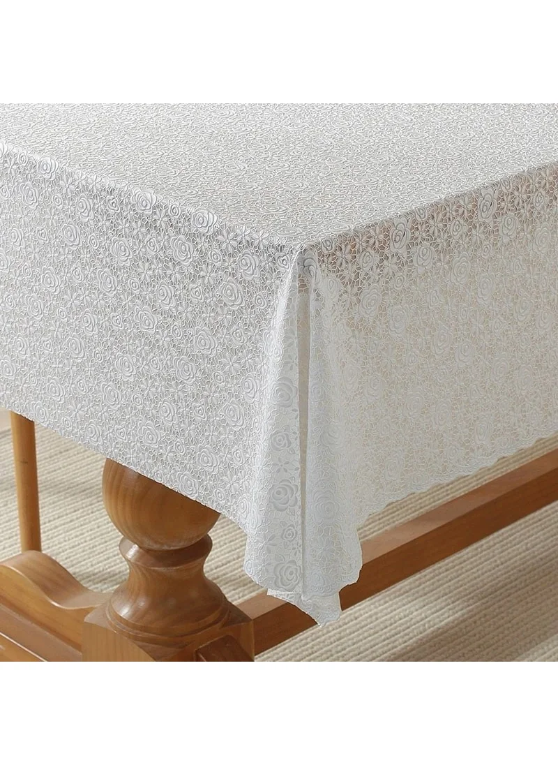 Power Style Style Meiwa Lux Lace Look PVC Stain-Proof Transparent Non-Slip Tablecloth - White