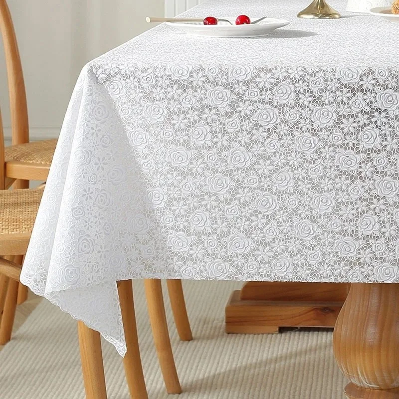 Style Meiwa Lux Lace Look PVC Stain-Proof Transparent Non-Slip Tablecloth - White
