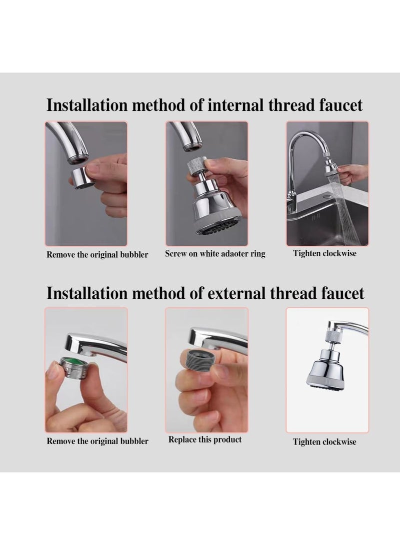 SOLARAE 360 Degree Swivel Sink Faucet Aerator, Kitchen Faucet Head Replacement with 4 Spray Modes, Anti-Splash Sink Faucet Extender, High Pressure Large Flow Aerator, Silver - Image 4