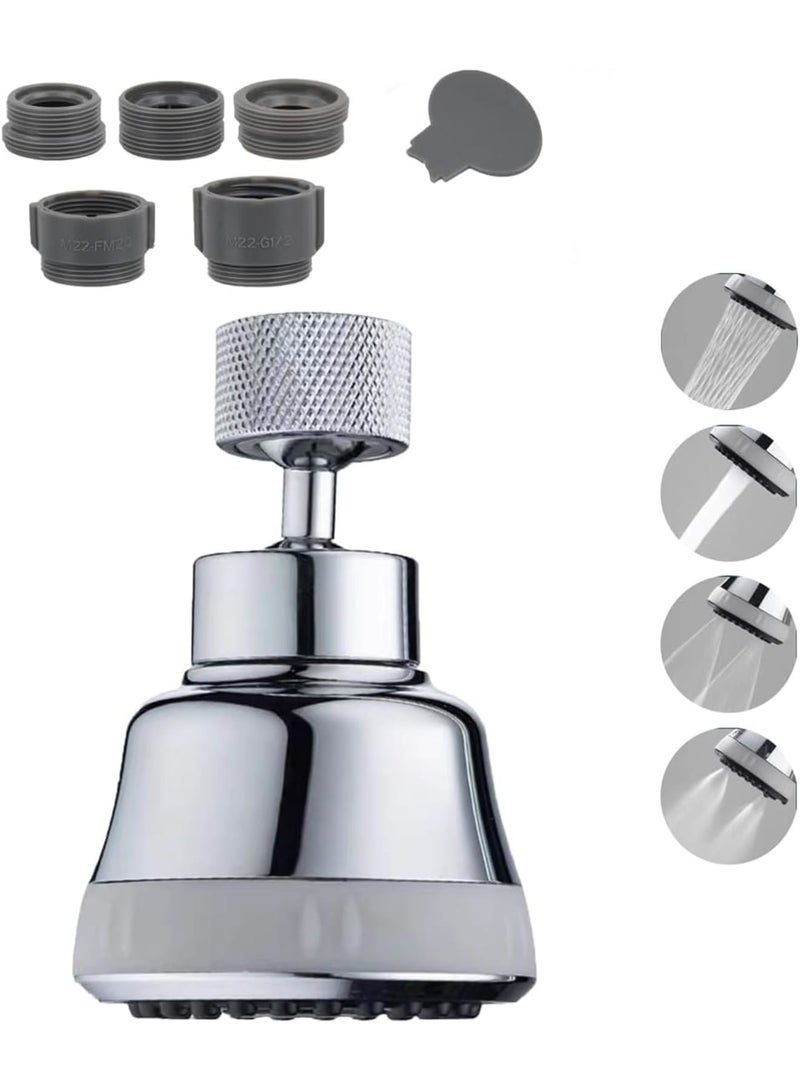 SOLARAE 360 Degree Swivel Sink Faucet Aerator, Kitchen Faucet Head Replacement with 4 Spray Modes, Anti-Splash Sink Faucet Extender, High Pressure Large Flow Aerator, Silver - Image 1