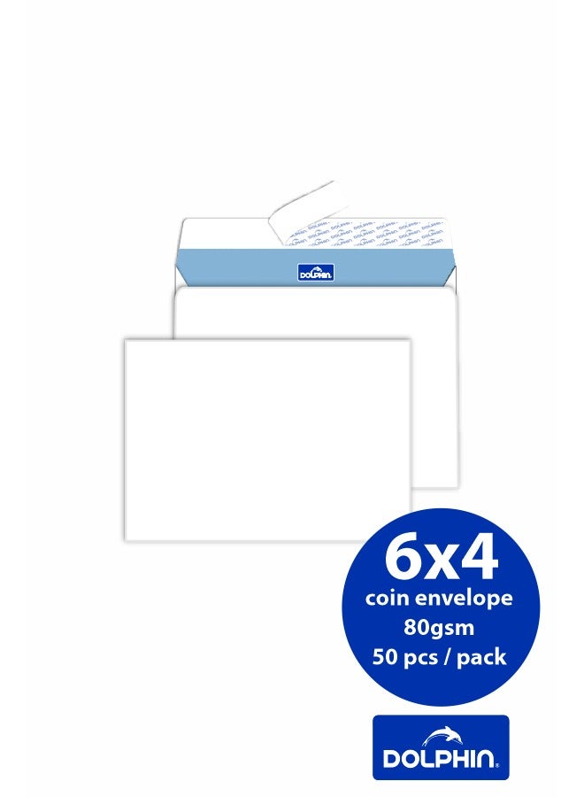Dolphin White Coin Envelopes,6 x 4 Inches,  80 GSM, Peel & Seal Closure – Pack of 50, Made in Malaysia  - Image 1