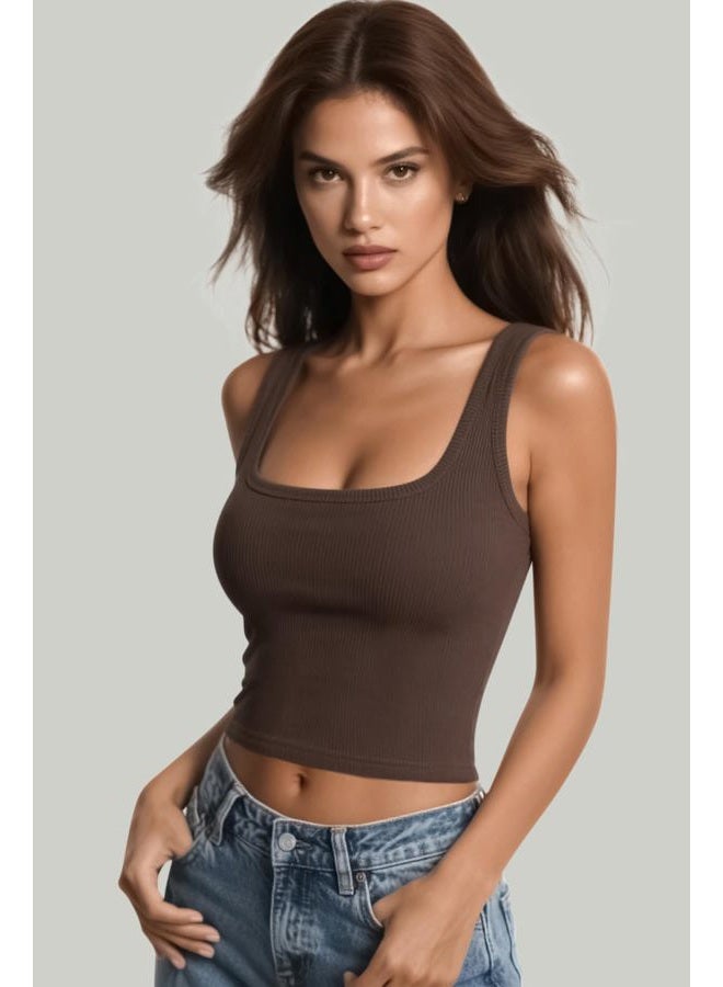 eQFeast Women's Square Neck Sleeveless Tank Top Knit Ribbed Fitted Casual Basic Crop Top Shirts, Brown, L - Image 5