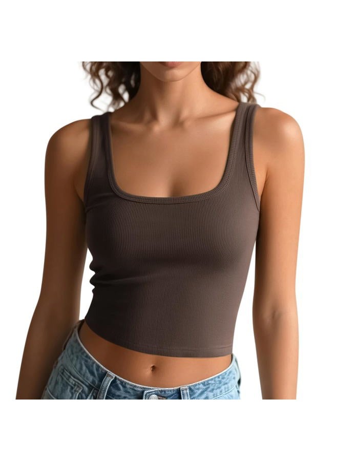 eQFeast Women's Square Neck Sleeveless Tank Top Knit Ribbed Fitted Casual Basic Crop Top Shirts, Brown, L - Image 1