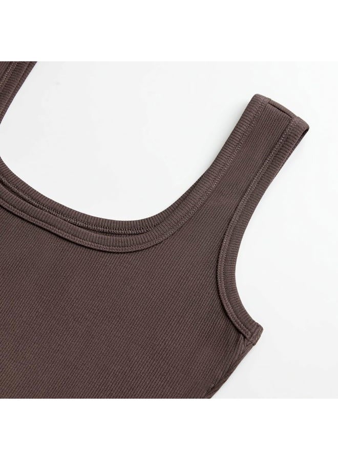 eQFeast Women's Square Neck Sleeveless Tank Top Knit Ribbed Fitted Casual Basic Crop Top Shirts, Brown, L - Image 4