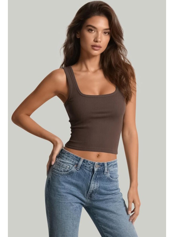 eQFeast Women's Square Neck Sleeveless Tank Top Knit Ribbed Fitted Casual Basic Crop Top Shirts, Brown, L - Image 3
