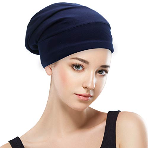 GB Selected Silk Satin Lined Bonnet Sleep Cap - Adjustable Stay on All Night Hair Wrap Cover Slouchy Beanie for Curly Hair Protection for Women and Men - Solid Navy - Image 2