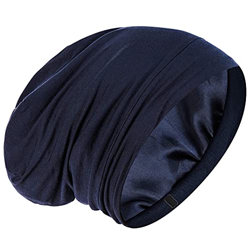 GB Selected Silk Satin Lined Bonnet Sleep Cap - Adjustable Stay on All Night Hair Wrap Cover Slouchy Beanie for Curly Hair Protection for Women and Men - Solid Navy - Image 1