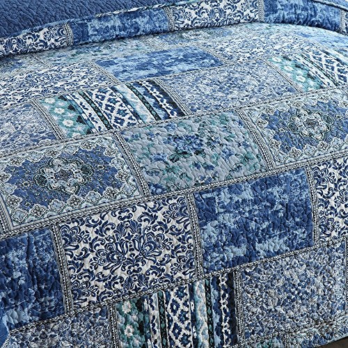 NEWLAKE Cotton Bedspread Quilt Sets-Reversible Patchwork Coverlet Set, Blue Classic Bohemian Pattern,King Size - Image 3
