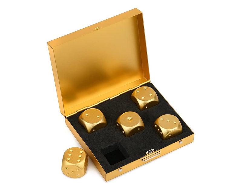 DS.DISTINCTIVE STYLE Aluminum Alloy Dice 5 Pieces 16mm Portable Metal Dices with Case 6 Sided Dice for Party Game (Golden Square) - Image 1