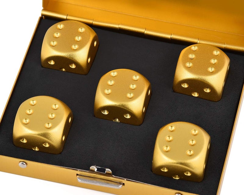 DS.DISTINCTIVE STYLE Aluminum Alloy Dice 5 Pieces 16mm Portable Metal Dices with Case 6 Sided Dice for Party Game (Golden Square) - Image 2