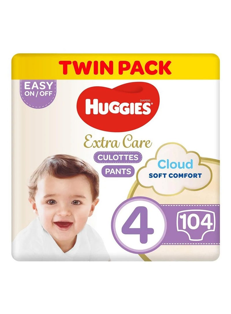 HUGGIES Huggies Extra Care Culottes Pant Style Diapers, Twin Pack, Dry Touch, Double Leak Guards, Size 4 - 104 Pieces