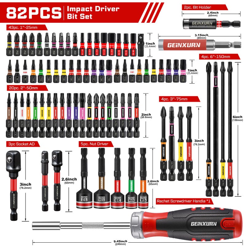 Geinxurn Impact Screwdriver Bits Set, Magnetic S2 Steel Phillips/Square/Torx/Hex 82Pieces Insert Power Bits Tips with Impact Bit Holder and Impact Nut Driver and Rachet Screwdriver Handle - Image 2