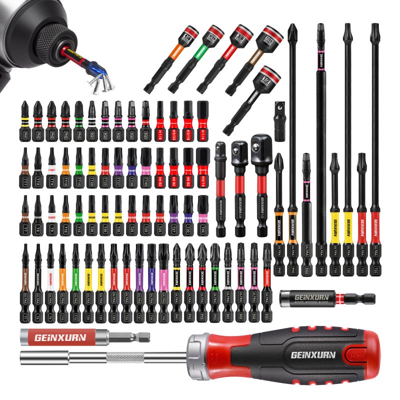 Geinxurn Impact Screwdriver Bits Set, Magnetic S2 Steel Phillips/Square/Torx/Hex 82Pieces Insert Power Bits Tips with Impact Bit Holder and Impact Nut Driver and Rachet Screwdriver Handle - Image 1