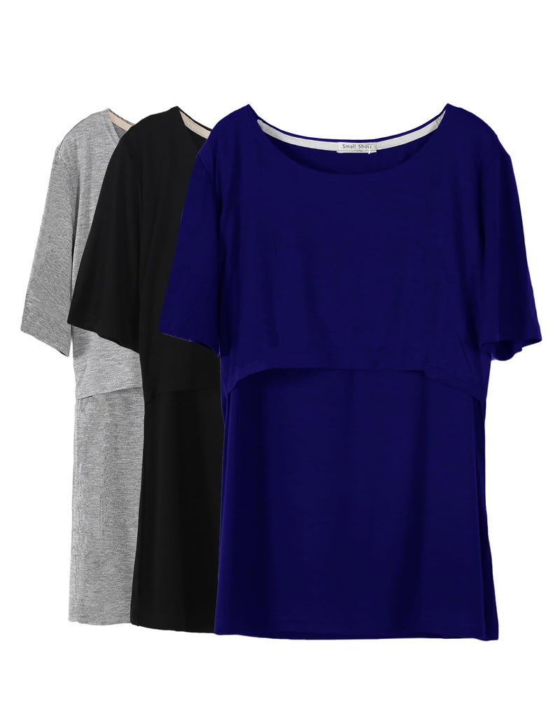 Smallshow 3 Pcs Maternity Nursing T-Shirt Modal Short Sleeve Nursing Tops Dark Blue-Black-Grey,Large - Image 1