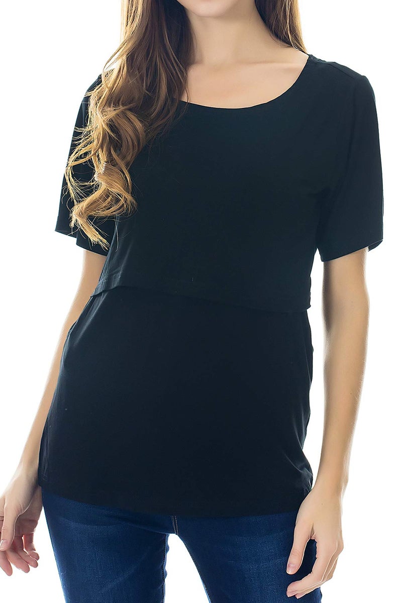 Smallshow 3 Pcs Maternity Nursing T-Shirt Modal Short Sleeve Nursing Tops Dark Blue-Black-Grey,Large - Image 2
