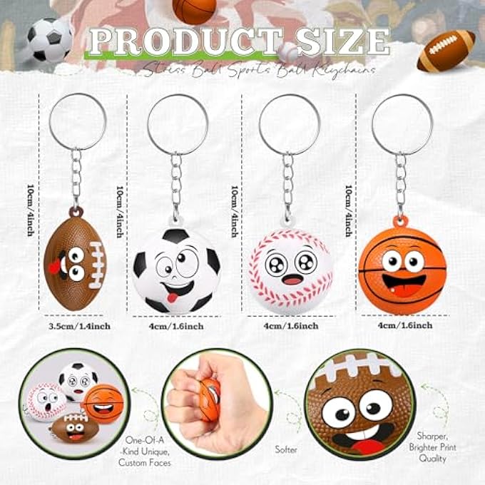 Arrowbash 32 Pcs Mini Face Stress Balls Keychain for Boys Girls Sport Face Keychain Stress Relief Squeeze Toys Keychain for School Reward Party Bag Gift Fillers Party Favors Birthday Gift(Mix Ball) - Image 2