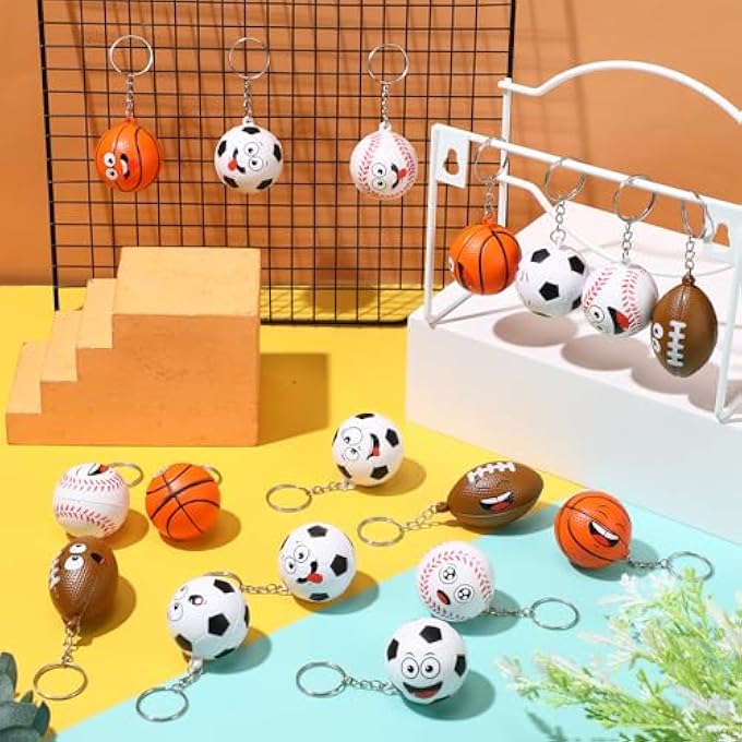Arrowbash 32 Pcs Mini Face Stress Balls Keychain for Boys Girls Sport Face Keychain Stress Relief Squeeze Toys Keychain for School Reward Party Bag Gift Fillers Party Favors Birthday Gift(Mix Ball) - Image 5