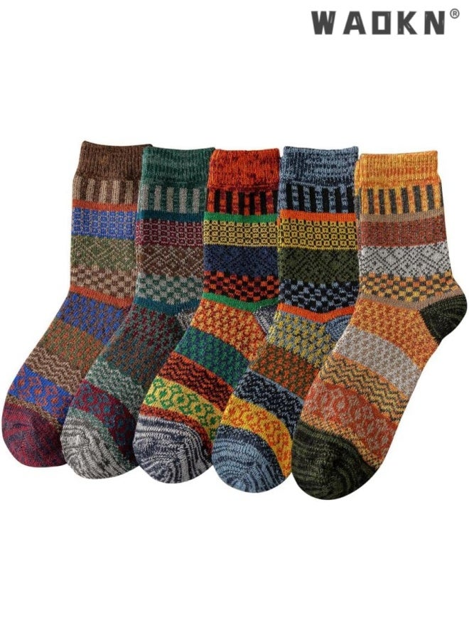 WAOKN 5 Pack Winter Socks For Women - Knitted Socks, Thick, Warm, Soft, comfortable , Vintage ethnic style thick midsole socks, High elasticity sock mouth not slipping, durable and comfortable, versatile for daily commuting. - Image 1